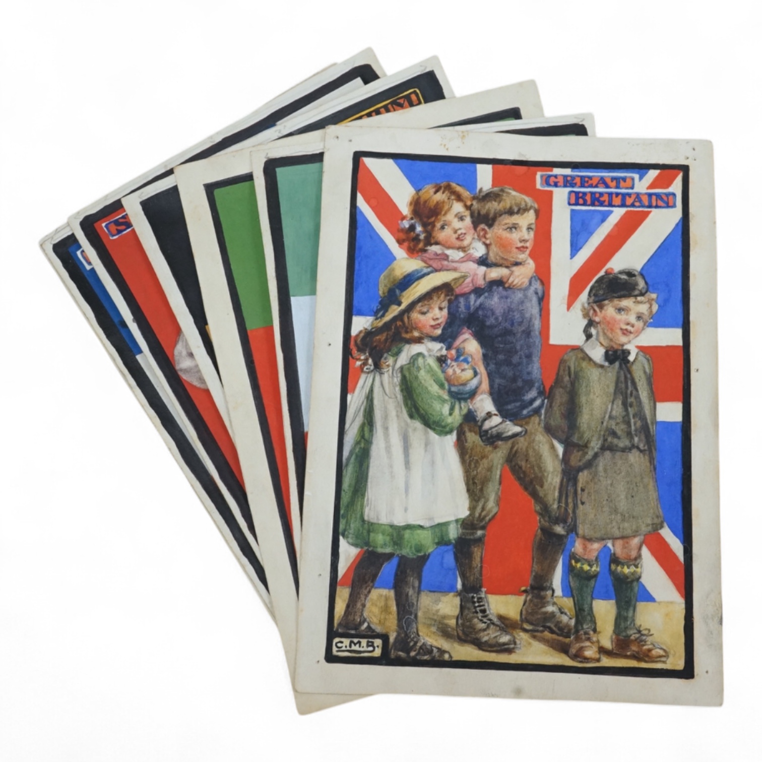 Cicely Mary Barker (1895-1973), a set of eight original watercolours for children's postcard designs, WWI Children of our Allies, to include Great Britain, France and Belgium, each initialled, unframed, 23 x 16cm